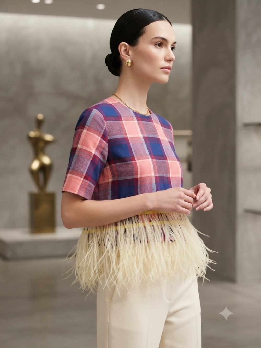 Endless Rose Plaid Feather Hem Short Sleeve Blouse Size S (6)